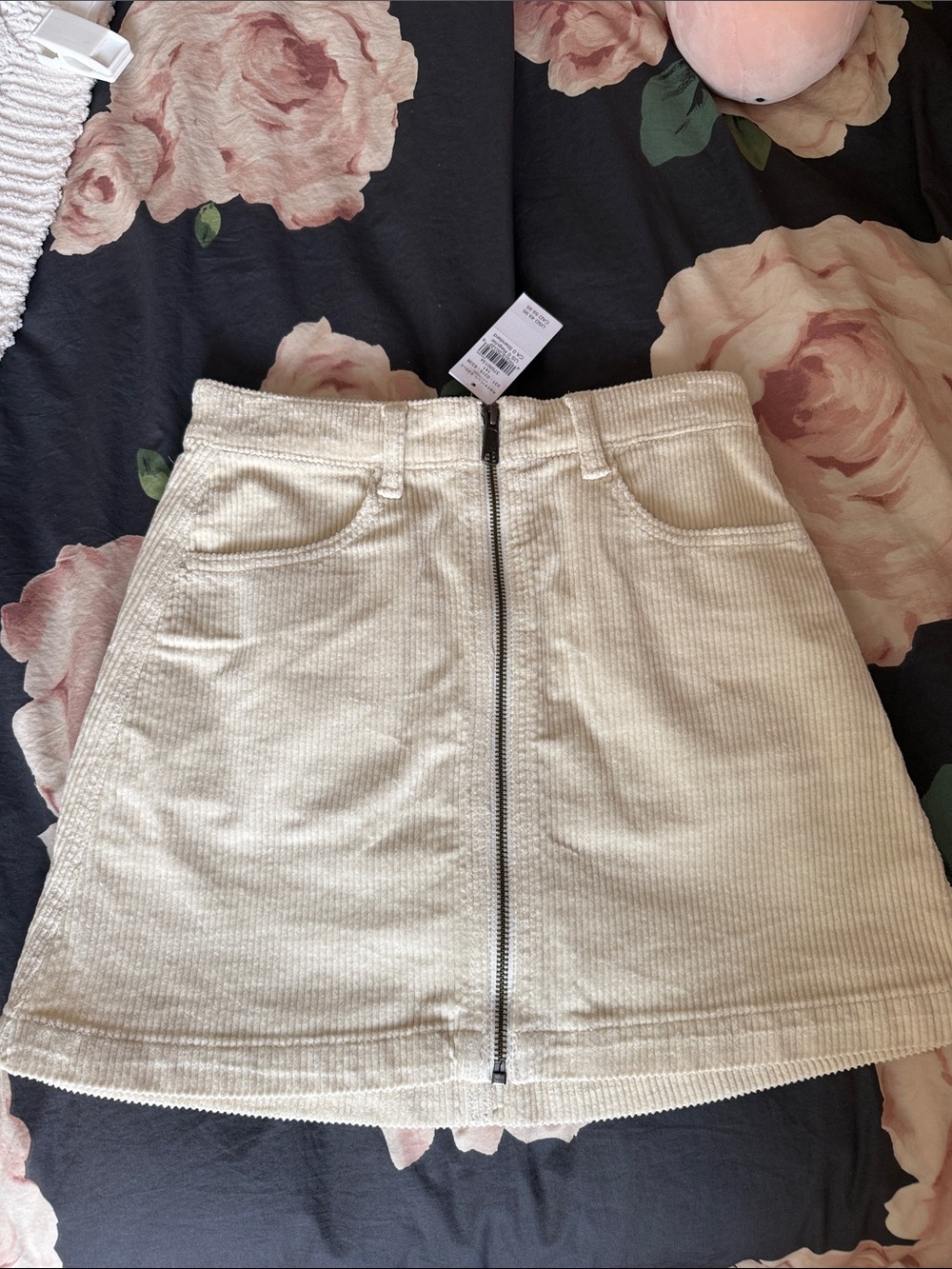 American Eagle Outfitters Cream Corduroy Zip-Front A-Line Mini Skirt